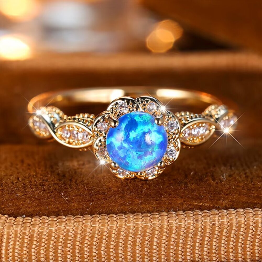 NEW 14k Yellow Gold Blue Opal Diamond Ring Band Blue Round Opal